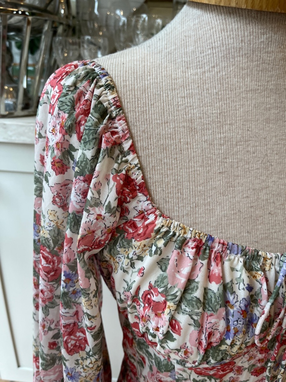 Sabo Floral Puff-Sleeve Mini Dress Cream Rose Green Purple designed in Australia - Picture 5 of 13